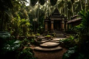 un templo en el selva con arboles y plantas. generado por ai foto