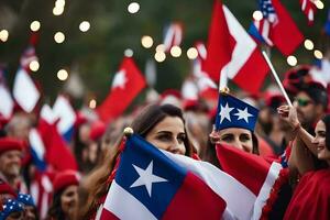 a group of people holding flags and wearing red and white. AI-Generated photo