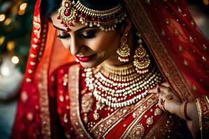 a beautiful bride in red and gold. AI-Generated photo