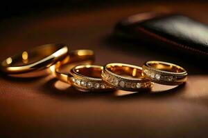 oro Boda anillos en un cuero superficie. generado por ai foto