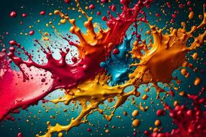 colorful paint splashes on a blue background. AI-Generated photo