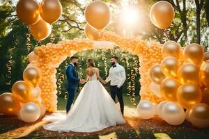 a bride and groom standing under a golden arch with balloons. AI-Generated photo