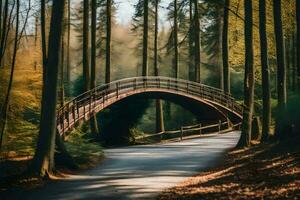 un puente en el bosque con arboles en cualquiera lado. generado por ai foto