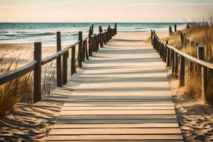 a wooden walkway leads to the beach at sunset. AI-Generated photo