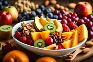 a bowl of fruit with nuts and fruits. AI-Generated photo