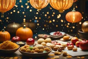 pumpkins, apples, and other food are arranged on a table. AI-Generated photo