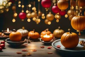 pumpkins and candles on a table with garland. AI-Generated photo