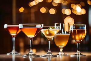 five different types of alcoholic drinks on a bar. AI-Generated photo