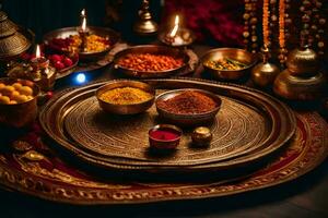 indian food on a wooden tray with candles. AI-Generated photo