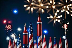 fireworks and rockets are in front of a flag. AI-Generated photo