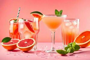 un grupo de bebidas con pomelo y menta en un rosado antecedentes. generado por ai foto