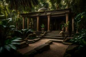 a temple in the jungle with trees and plants. AI-Generated photo