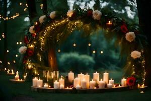 a wedding arch with candles and flowers. AI-Generated photo