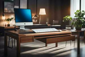 a desk with a computer and keyboard. AI-Generated photo