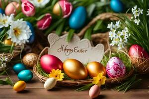 easter eggs in basket with flowers and a card. AI-Generated photo