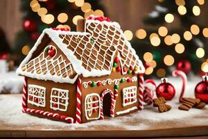 a gingerbread house is decorated with candy canes and christmas decorations. AI-Generated photo