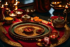 indian wedding ceremony with candles and gold dishes. AI-Generated photo