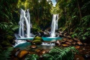 a beautiful waterfall in the jungle with green trees. AI-Generated photo