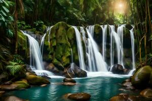 a waterfall in the jungle with water flowing over rocks. AI-Generated photo