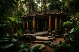 un Kiosko en el medio de un selva. generado por ai foto