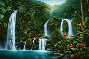 a painting of tropical waterfall with birds flying over it. AI-Generated photo