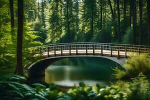 a bridge in the forest surrounded by trees. AI-Generated photo