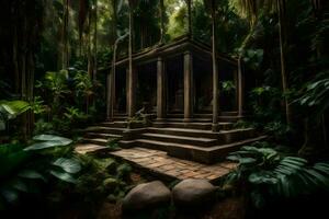 un templo en el selva con arboles y plantas. generado por ai foto