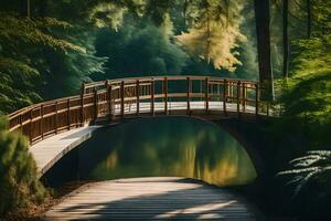 a bridge in the woods with trees and water. AI-Generated photo