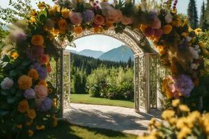 a wedding arch with flowers in the foreground. AI-Generated photo