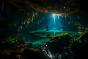 el ligero brilla mediante el cueva y el agua es claro. generado por ai foto