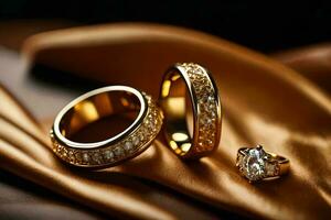 two gold wedding rings with diamonds on a silk. AI-Generated photo