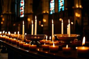 candles are lit in a church with candles. AI-Generated photo