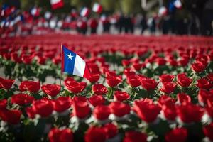 un chileno bandera es visto en un campo de rojo rosas. generado por ai foto