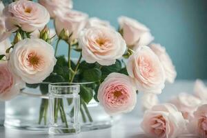 rosado rosas en un vaso florero en un mesa. generado por ai foto