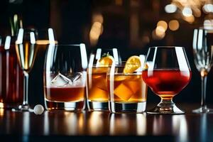 a group of glasses with different alcoholic drinks. AI-Generated photo