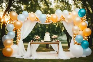 a wedding arch with balloons and white and gold decorations. AI-Generated photo