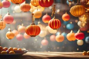 colorful chinese lanterns hanging from the ceiling. AI-Generated photo