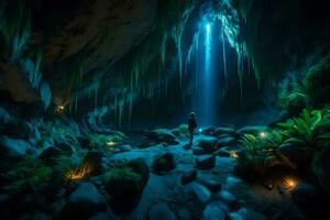 a man standing in front of a cave with light coming from the ceiling. AI-Generated photo