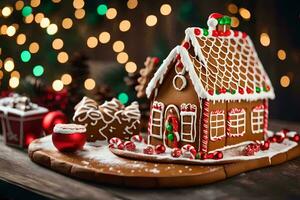 a gingerbread house is decorated with christmas lights. AI-Generated photo