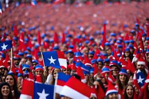 a crowd of people holding flags and wearing red, white and blue. AI-Generated photo