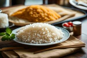 a plate of rice with chopsticks and a bowl of rice. AI-Generated photo