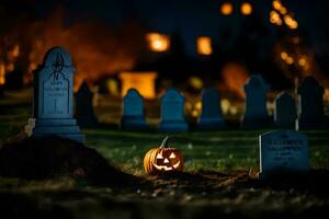 Víspera de Todos los Santos calabaza en un cementerio a noche. generado por ai foto