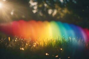 un arco iris es visto en el cielo con césped y arboles generado por ai foto
