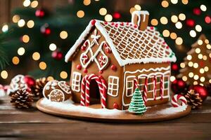 a gingerbread house sits on a table with christmas decorations. AI-Generated photo