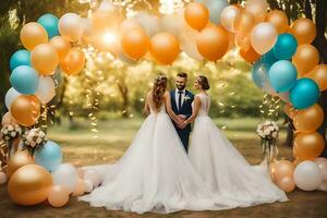 a bride and groom standing under a large arch of balloons. AI-Generated photo
