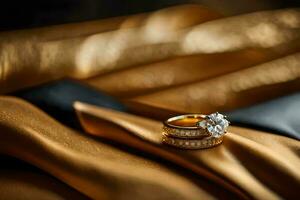 a wedding ring on a gold cloth. AI-Generated photo