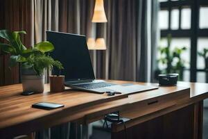 a laptop on a wooden desk with a plant. AI-Generated photo