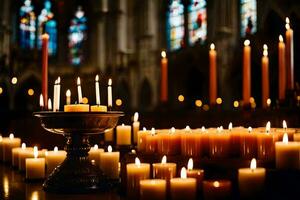 candles are lit in a church with candles in the background. AI-Generated photo