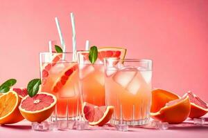 grapefruit cocktail with ice cubes and slices on pink background. AI-Generated photo