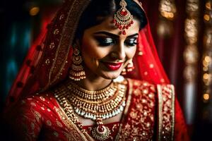 a beautiful indian bride in red and gold. AI-Generated photo